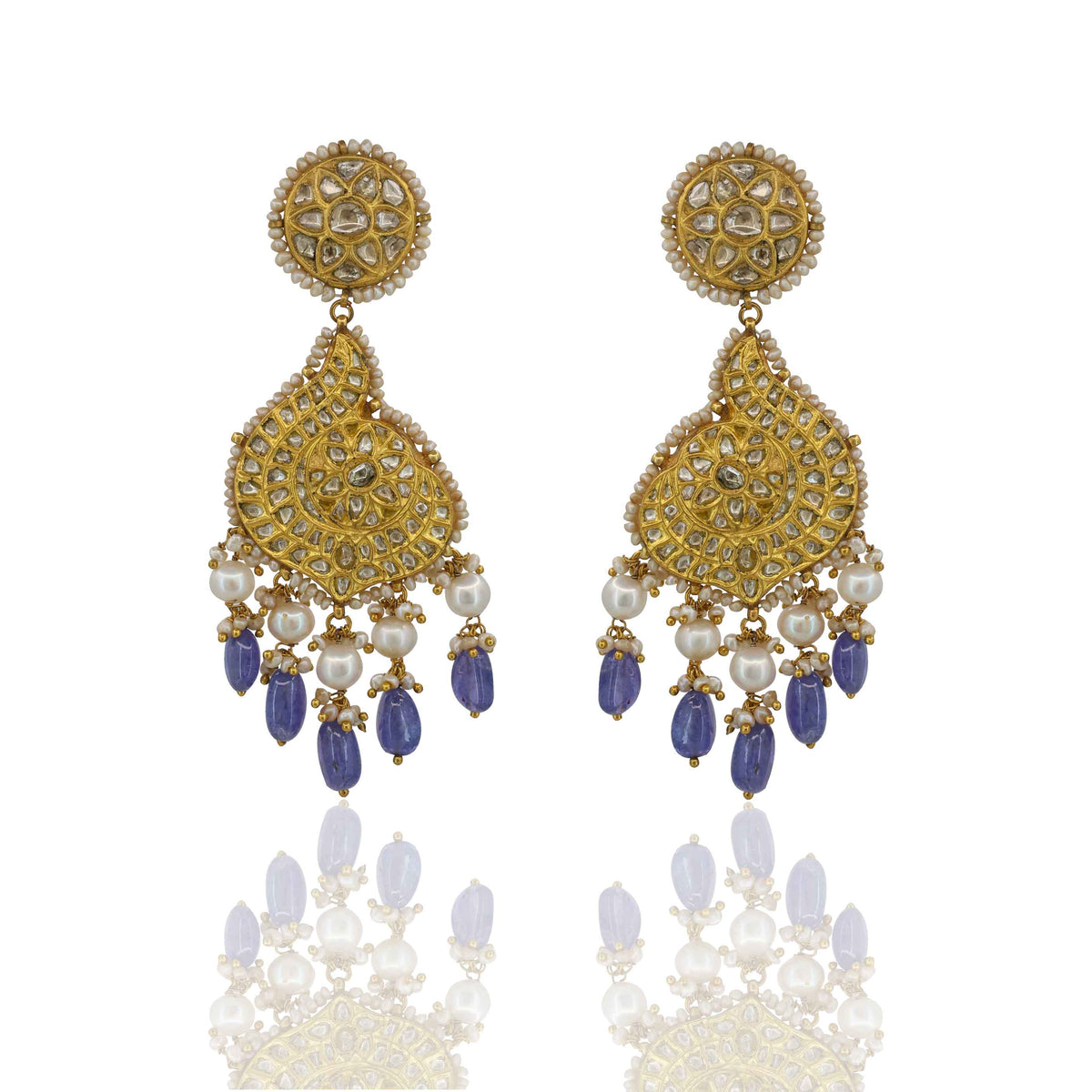 Gold Thappa Polki and Tanzanite Chandbaali Earring