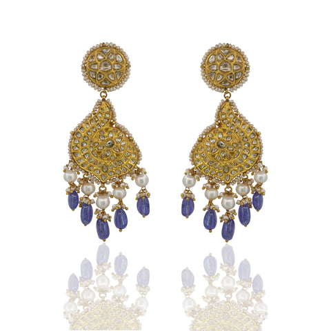 Gold Thappa Polki and Tanzanite Chandbaali Earring