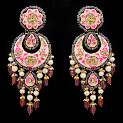 Pink Lotus Enamel & Tanzanite Polki Chandbalis