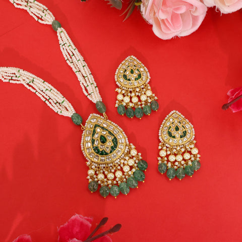Polki Diamond String Necklace Featuring Glass-Filled Emerald Beads and Fine Seed Pearl Layers