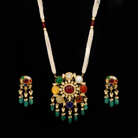 Aishwarya Gold Designer Navratna Pendant Set