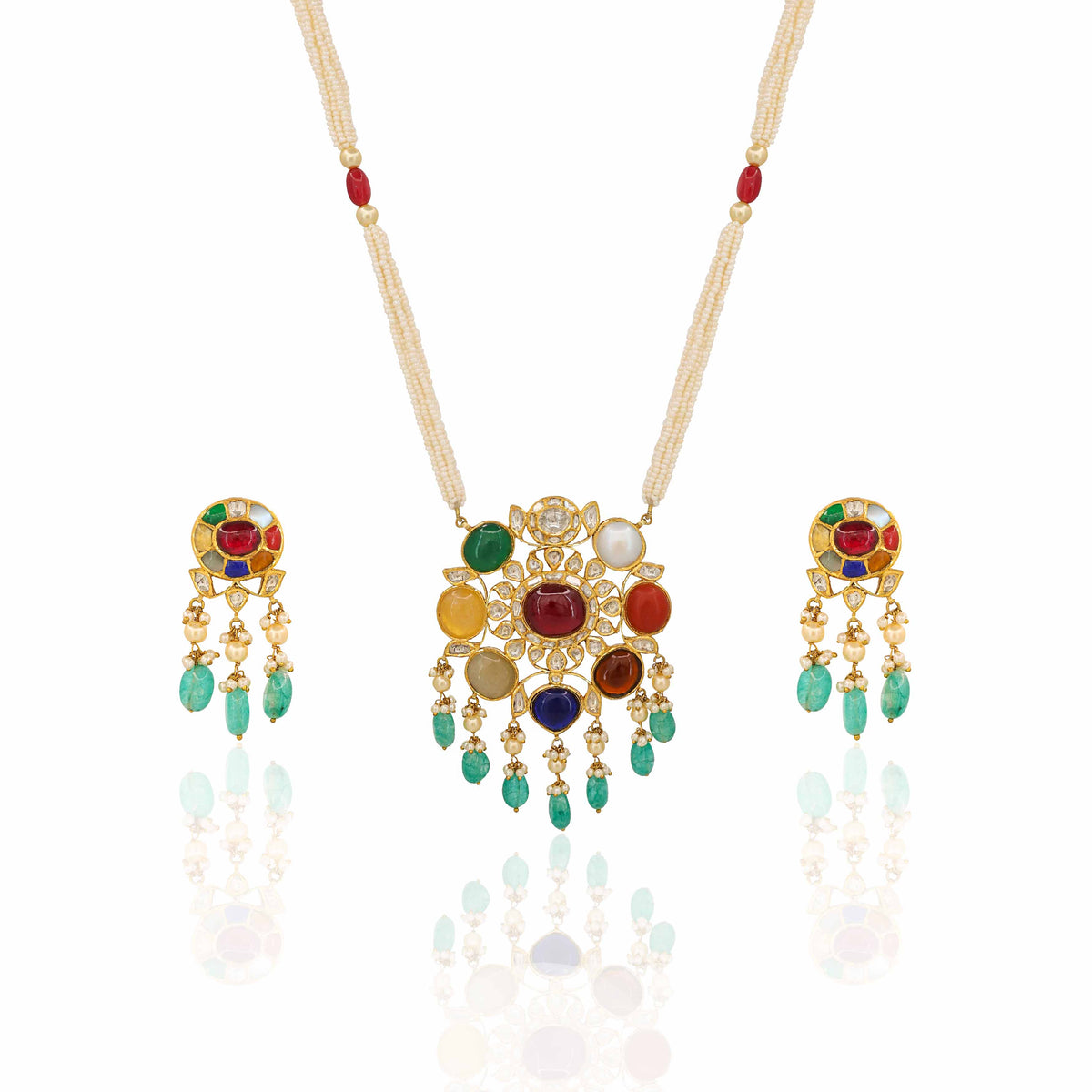 Aishwarya Gold Designer Navratna Pendant Set