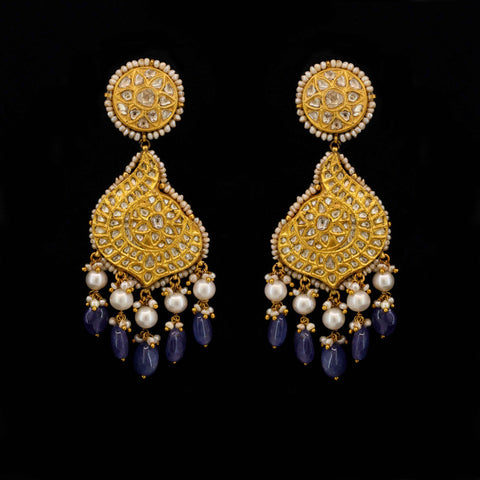 Gold Thappa Polki and Tanzanite Chandbaali Earring