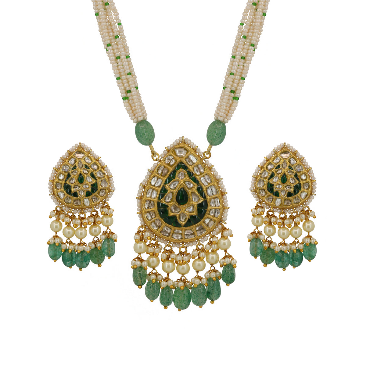 Polki Diamond String Necklace Featuring Glass-Filled Emerald Beads and Fine Seed Pearl Layers