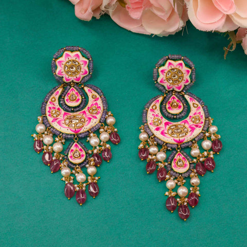 Pink Lotus Enamel & Tanzanite Polki Chandbalis