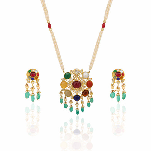 Aishwarya Gold Designer Navratna Pendant Set