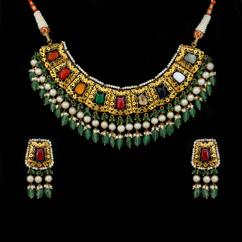 Sarvashakti Navratna Gold Chocker Necklace Set