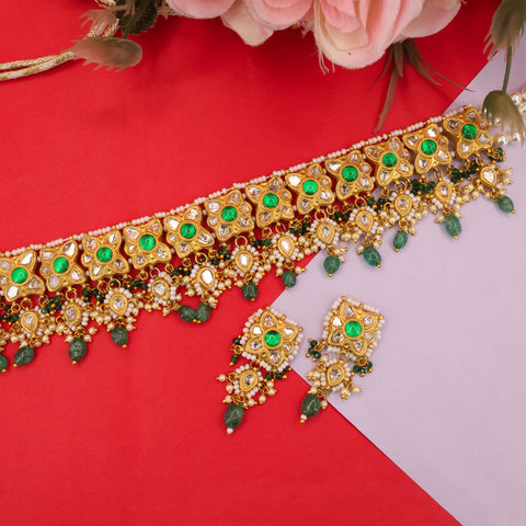 Gold Polki & Green Stone Choker Set