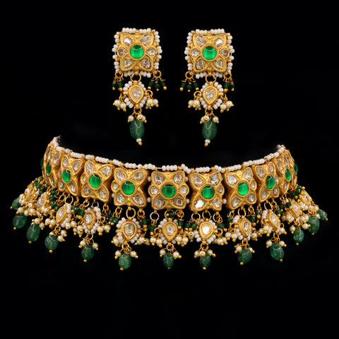 Gold Polki & Green Stone Choker Set
