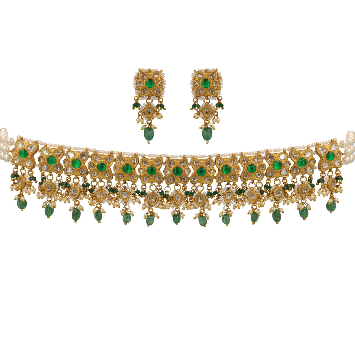 Gold Polki & Green Stone Choker Set