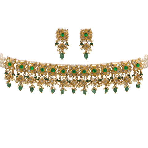 Gold Polki & Green Stone Choker Set
