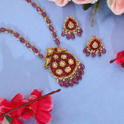 Traditional Ruby & Polki Diamond Strawberry Pendant Set with Pearl Accents