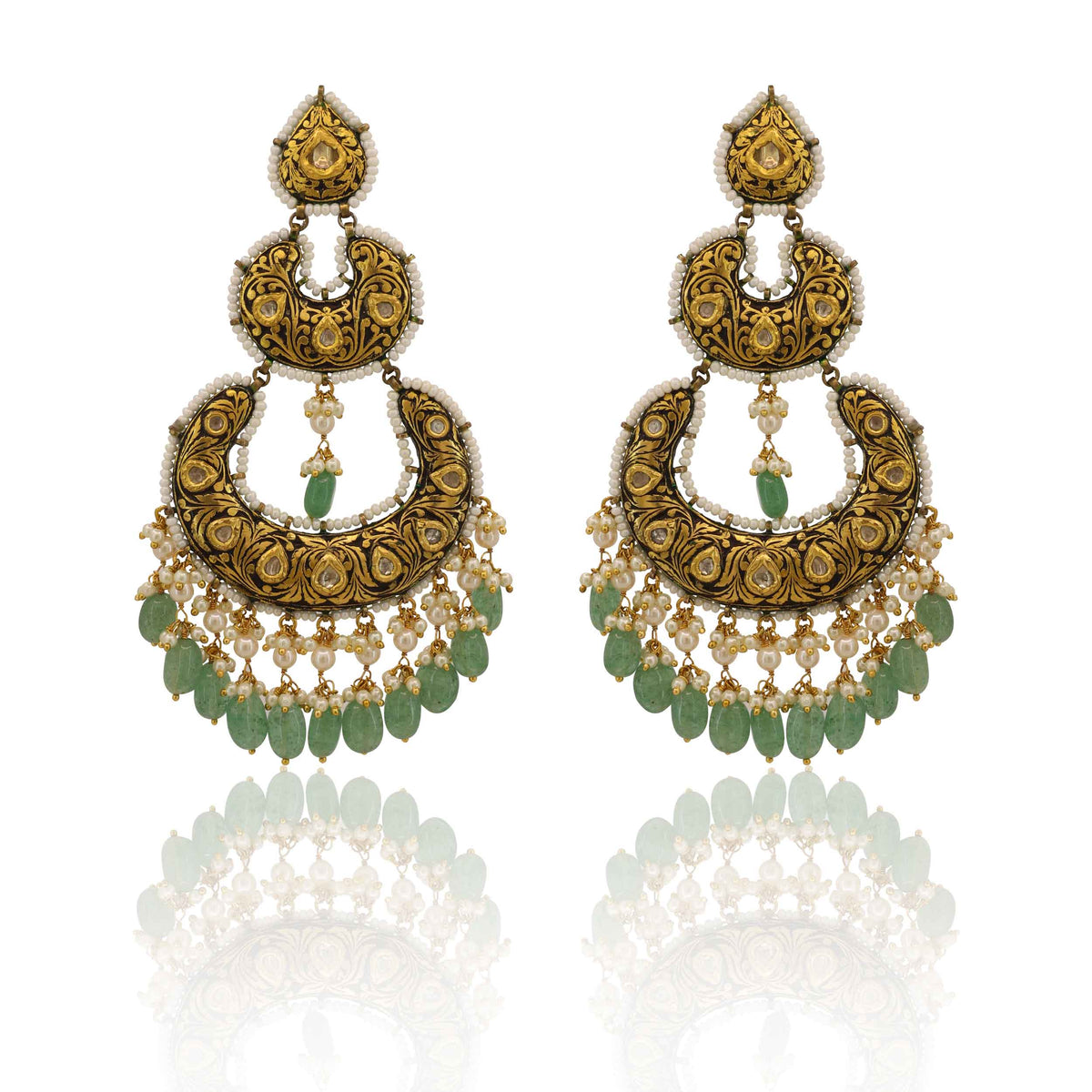 Royal Partash Work Polki Diamond and Emerald Drop Chandbaali
