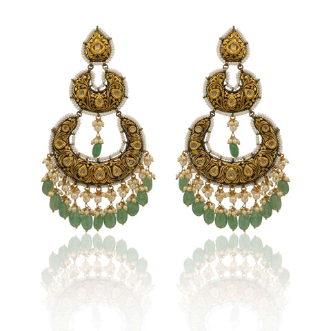 Royal Partash Work Polki Diamond and Emerald Drop Chandbaali