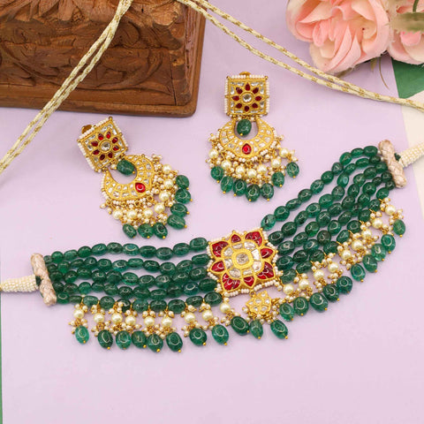 Stunning Emerald Bead Polki Choker Set