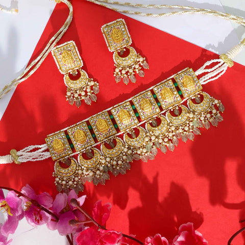 Kanak Lakshmi Polki Diamond Temple Chocker Necklace Set