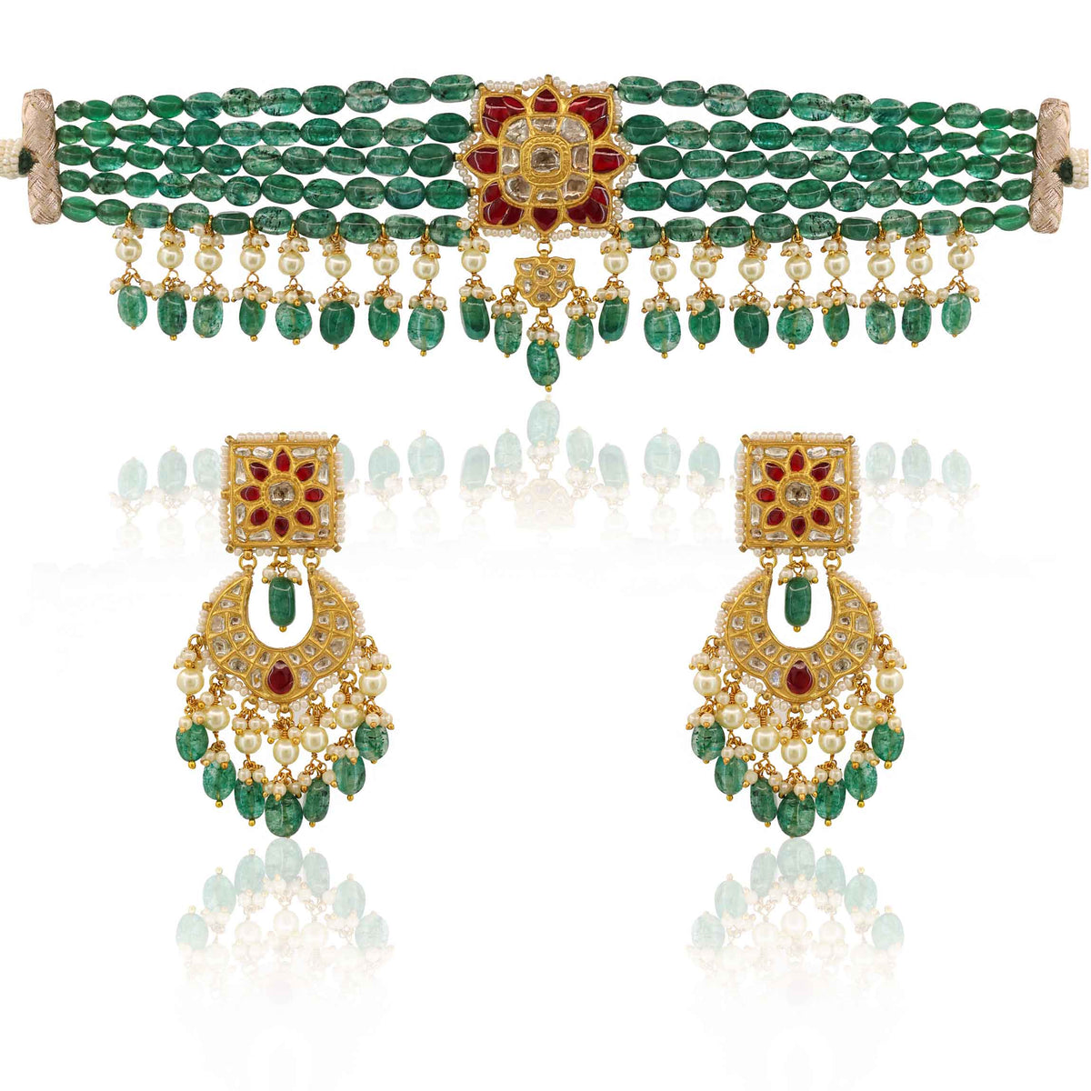 Stunning Emerald Bead Polki Choker Set