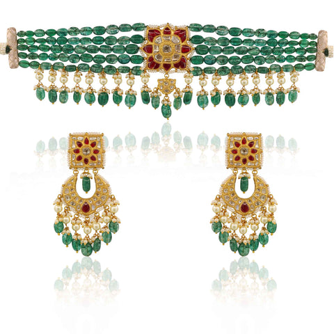 Stunning Emerald Bead Polki Choker Set