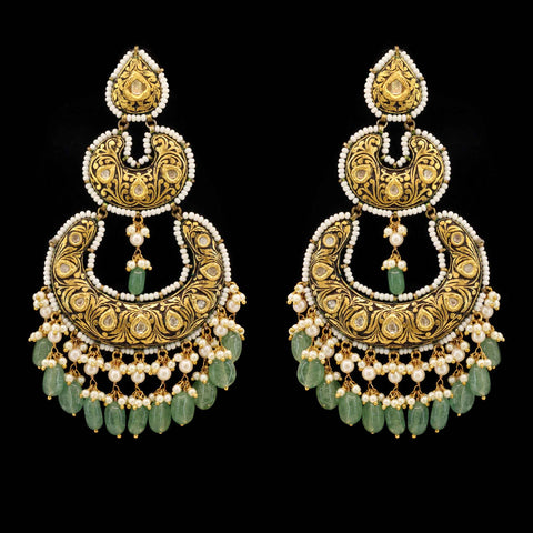 Royal Partash Work Polki Diamond and Emerald Drop Chandbaali