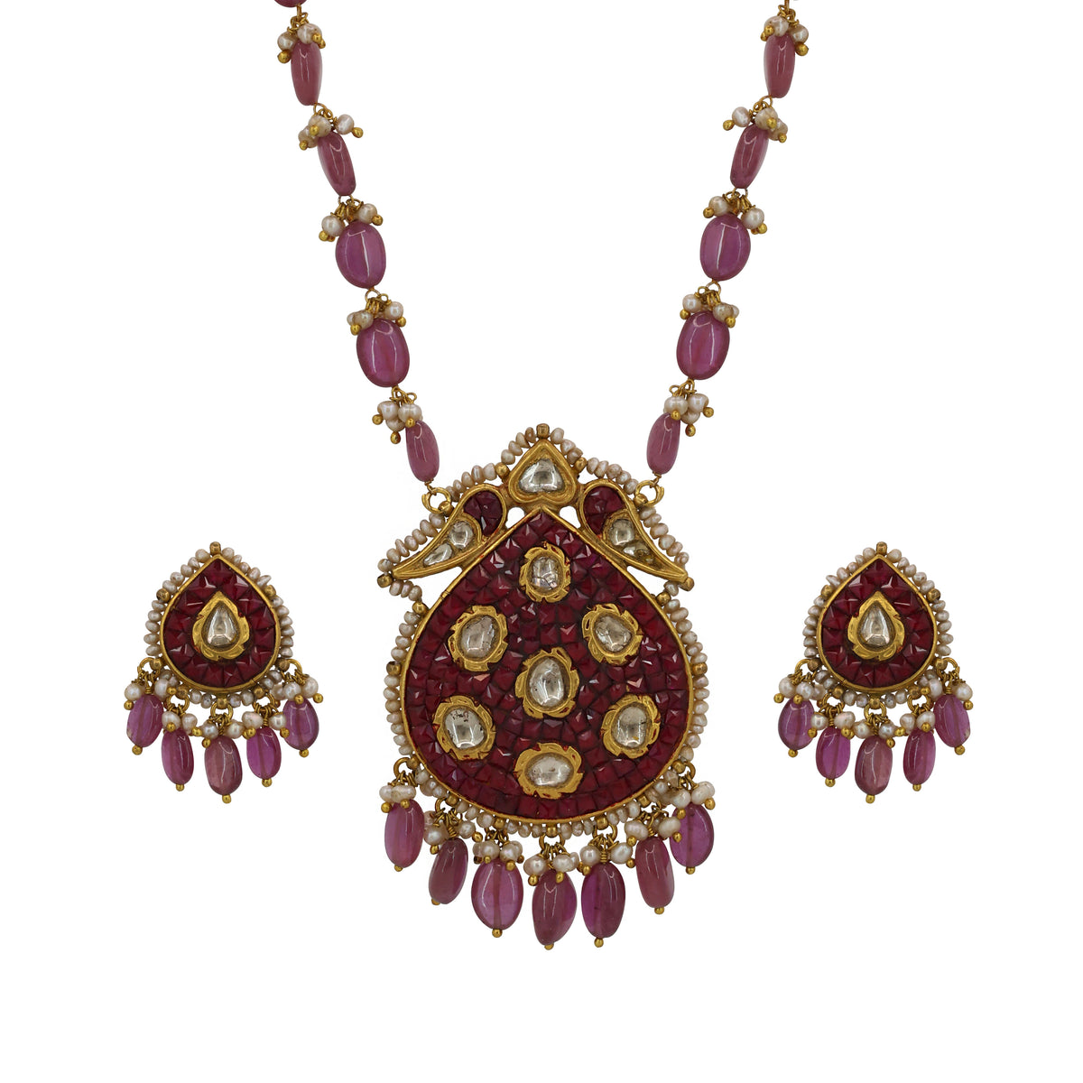 Traditional Ruby & Polki Diamond Strawberry Pendant Set with Pearl Accents