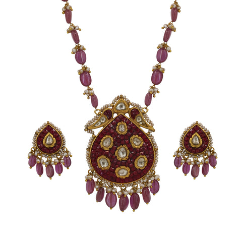 Traditional Ruby & Polki Diamond Strawberry Pendant Set with Pearl Accents