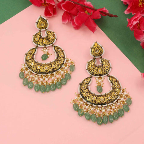 Royal Partash Work Polki Diamond and Emerald Drop Chandbaali