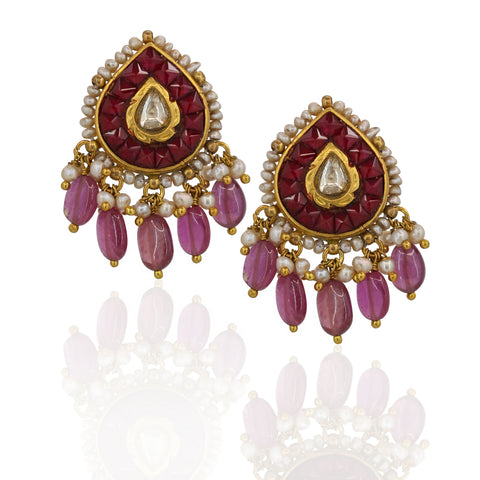 Traditional Ruby & Polki Diamond Strawberry Pendant Set with Pearl Accents