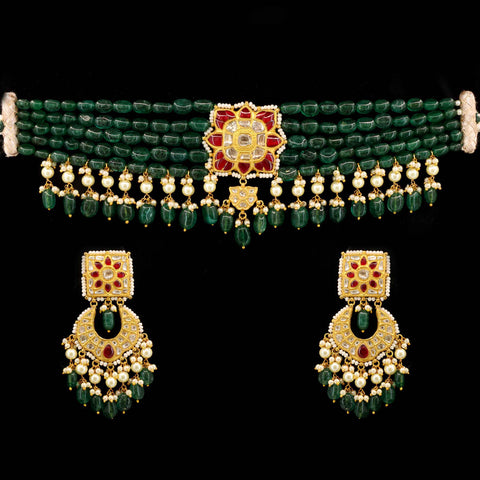 Stunning Emerald Bead Polki Choker Set