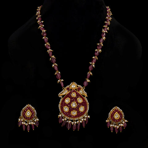 Traditional Ruby & Polki Diamond Strawberry Pendant Set with Pearl Accents