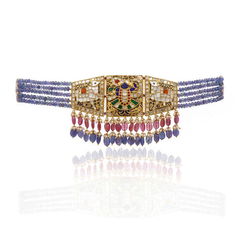 Shreenath Ji Polki Diamond Gold Choker Necklace with Tanzanite and Ruby Bead Strings