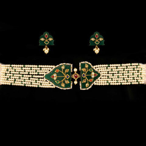Navratna and Carved Emerald Leaf Choker Set