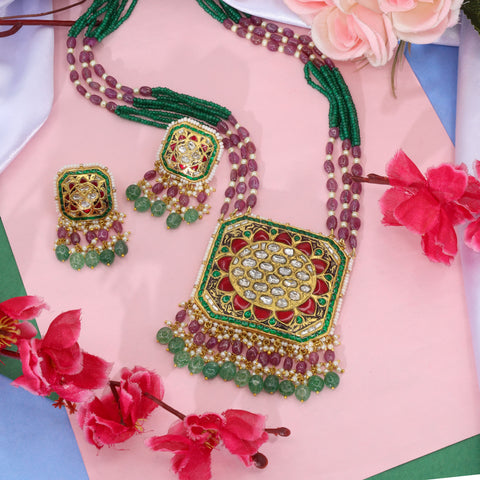 Polki Square Pendant Set with Ruby & Emerald Glass-Filled Beads