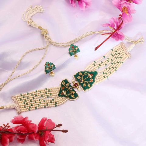 Navratna and Carved Emerald Leaf Choker Set