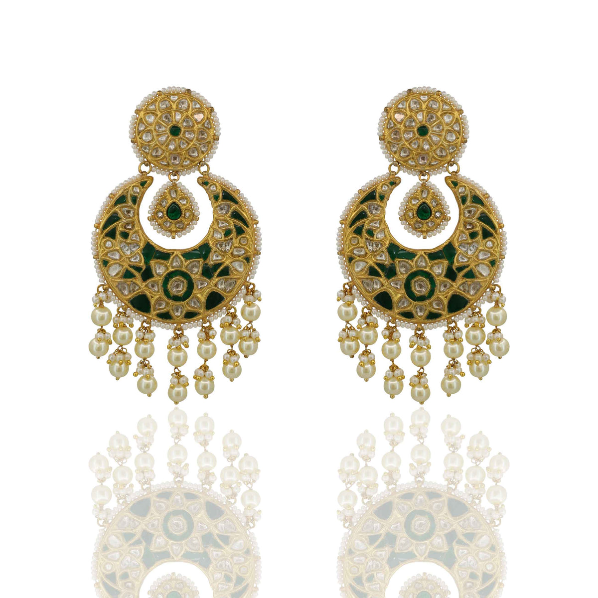 Grand Heritage Polki & Green Crescent Drops Chandbaali Earring