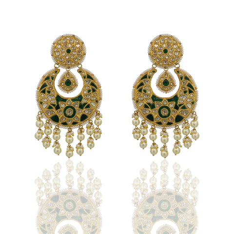 Grand Heritage Polki & Green Crescent Drops Chandbaali Earring