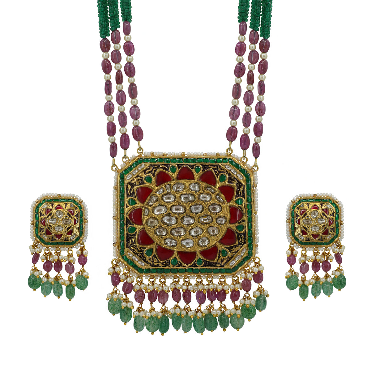 Polki Square Pendant Set with Ruby & Emerald Glass-Filled Beads