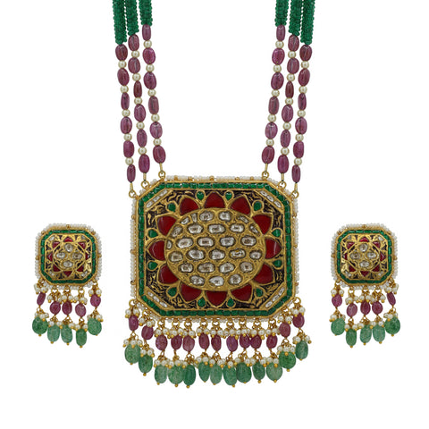 Polki Square Pendant Set with Ruby & Emerald Glass-Filled Beads
