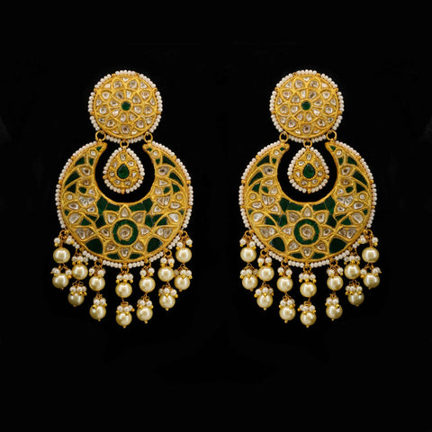 Grand Heritage Polki & Green Crescent Drops Chandbaali Earring