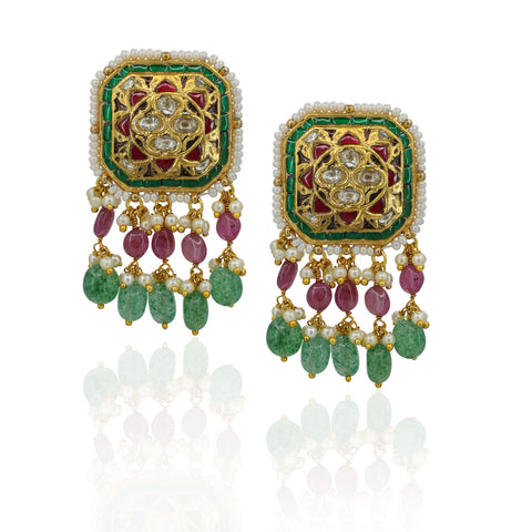 Polki Square Pendant Set with Ruby & Emerald Glass-Filled Beads