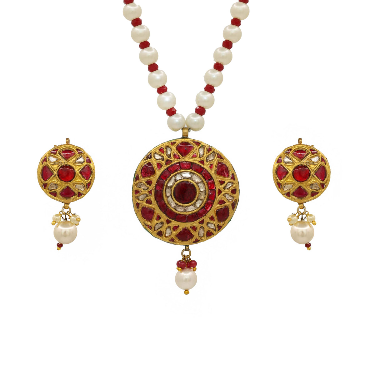 Ruby & Pearl Polki Diamond Pendant Set