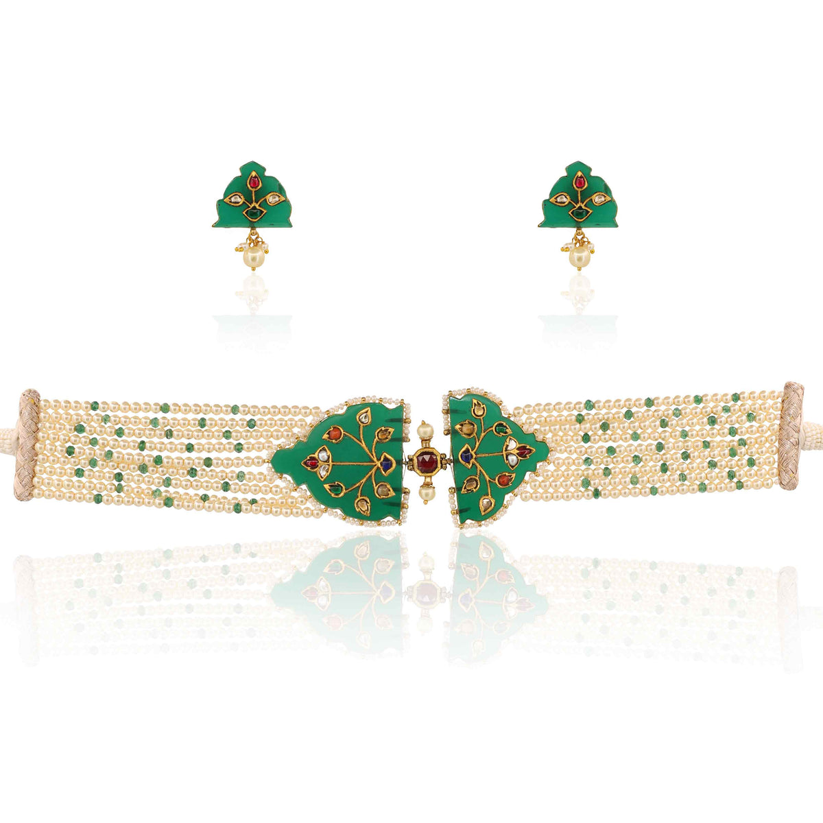 Navratna and Carved Emerald Leaf Choker Set