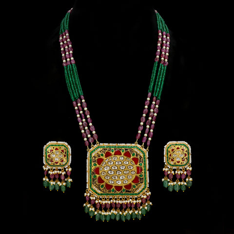 Polki Square Pendant Set with Ruby & Emerald Glass-Filled Beads