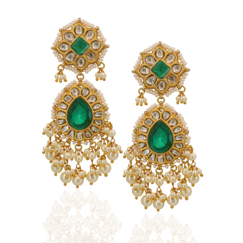 Gold-Studded Polki & Green Gemstone Pearl Necklace Set