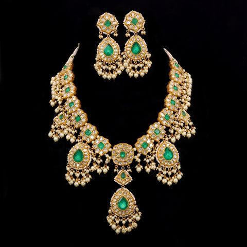 Gold-Studded Polki & Green Gemstone Pearl Necklace Set