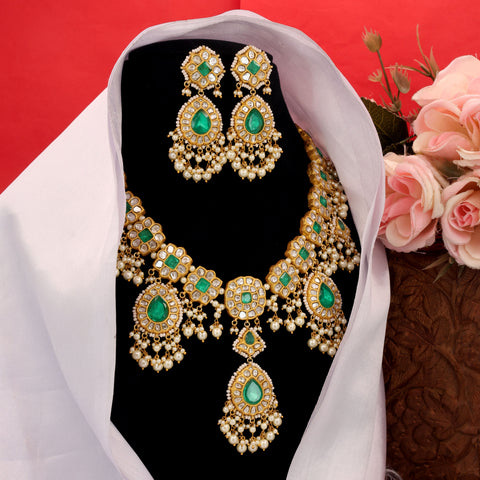 Gold-Studded Polki & Green Gemstone Pearl Necklace Set