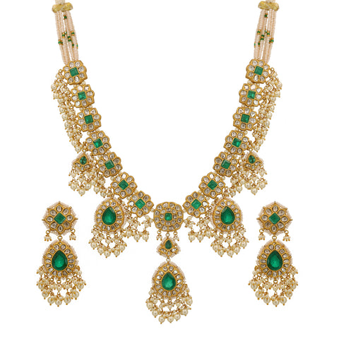 Gold-Studded Polki & Green Gemstone Pearl Necklace Set