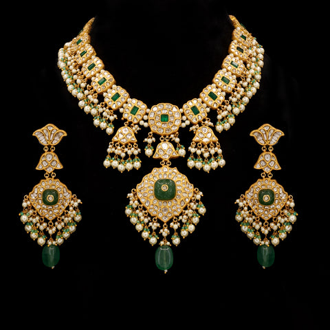 Regal Polki & Emerald Pearl Necklace Set