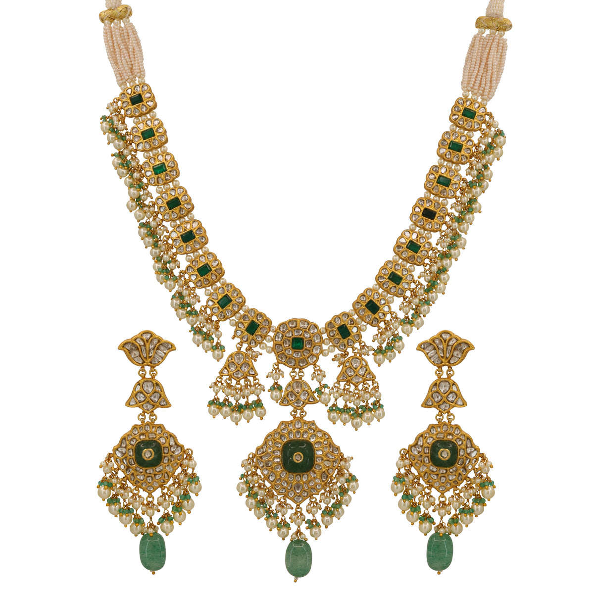 Regal Polki & Emerald Pearl Necklace Set