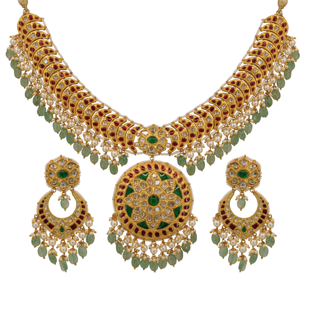 Syndicate Polki Diamond & Emerald-Ruby Glass Filled Necklace Set