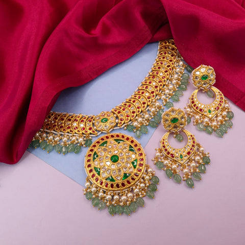 Syndicate Polki Diamond & Emerald-Ruby Glass Filled Necklace Set